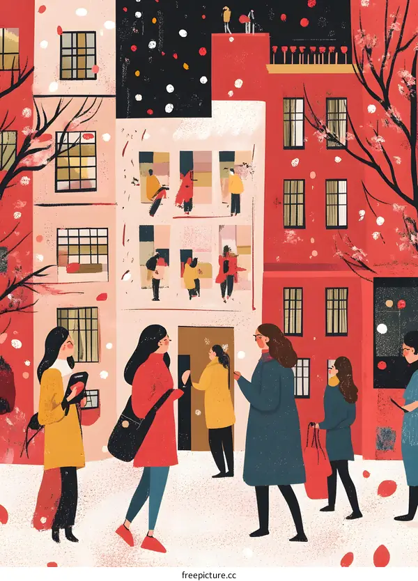 Winter Day Illustration with People in a Snowy City