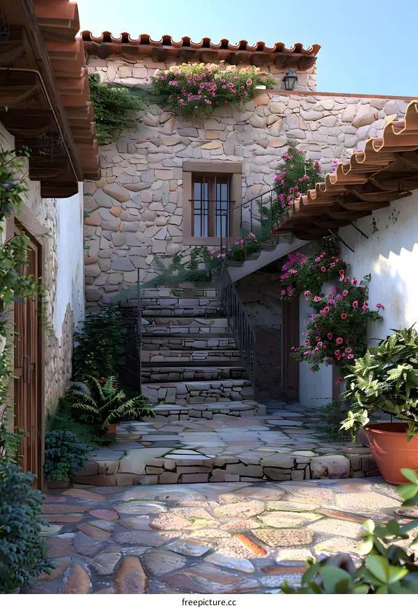 Stone Steps leading to a House with Pink Flowers