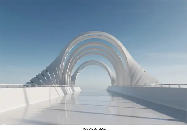 Futuristic Arched Bridge with Smooth White Design Under Clear Blue Sky