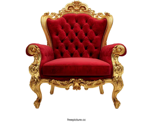 [Transparent Background PNG]Luxury Red Velvet Throne Chair with Gold Trim