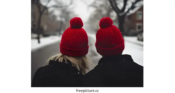 Couple In Red Beanies Walking In The Snow
