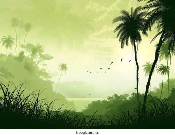 Tropical Jungle Landscape with Silhouettes of Palm Trees and Birds