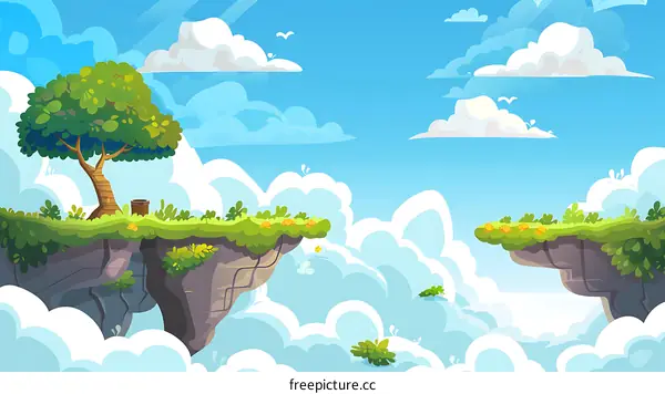 Cartoon Landscape Illustration of Two Cliffs in the Sky With Clouds