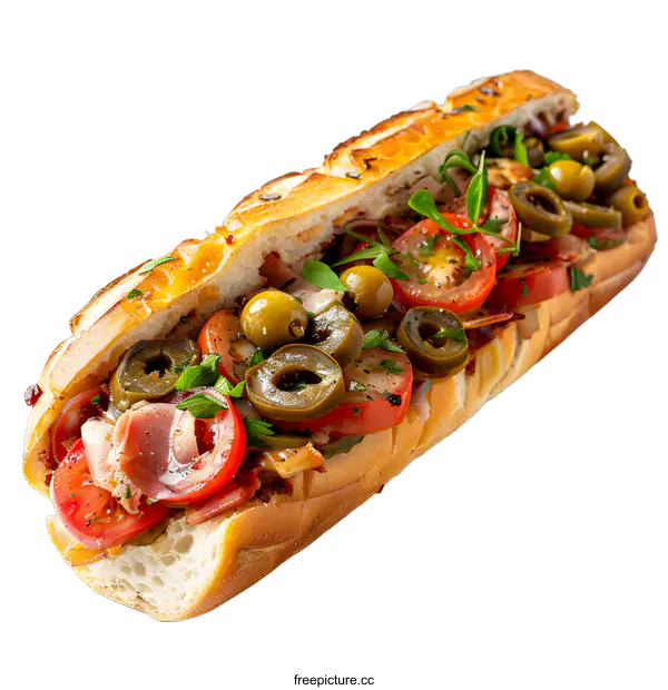 [Transparent Background PNG]Long baguette sandwich with olives tomatoes