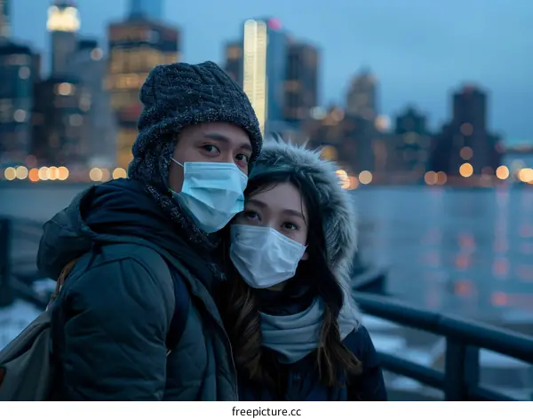 Asian couple wearing surgical masks in the city at night