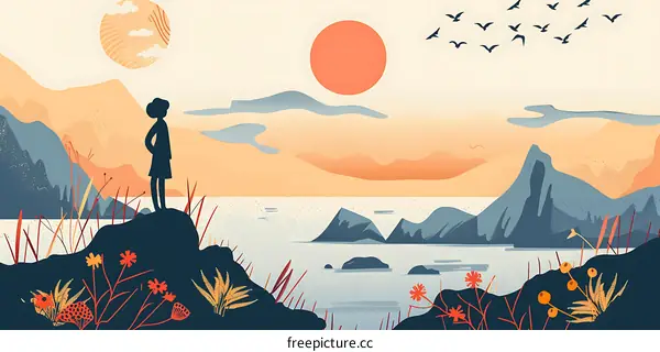 Silhouette of a Woman Standing on a Cliff Overlooking a Lake with Mountains and a Sunset