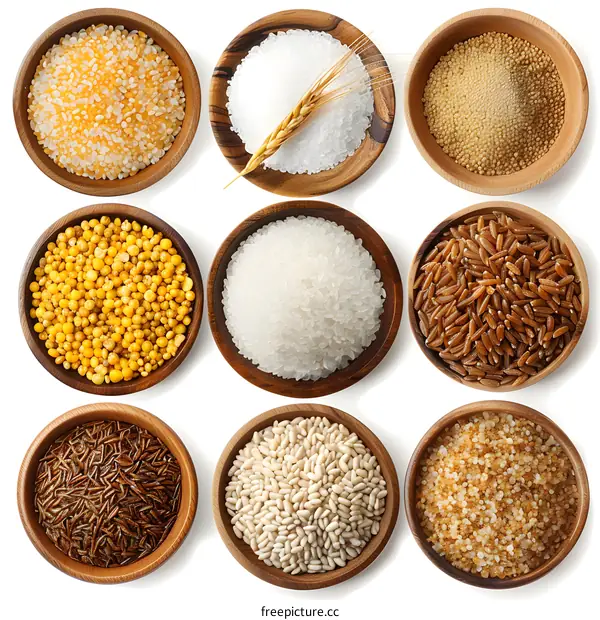 Collection of Different Types of Rice in Wooden Bowls