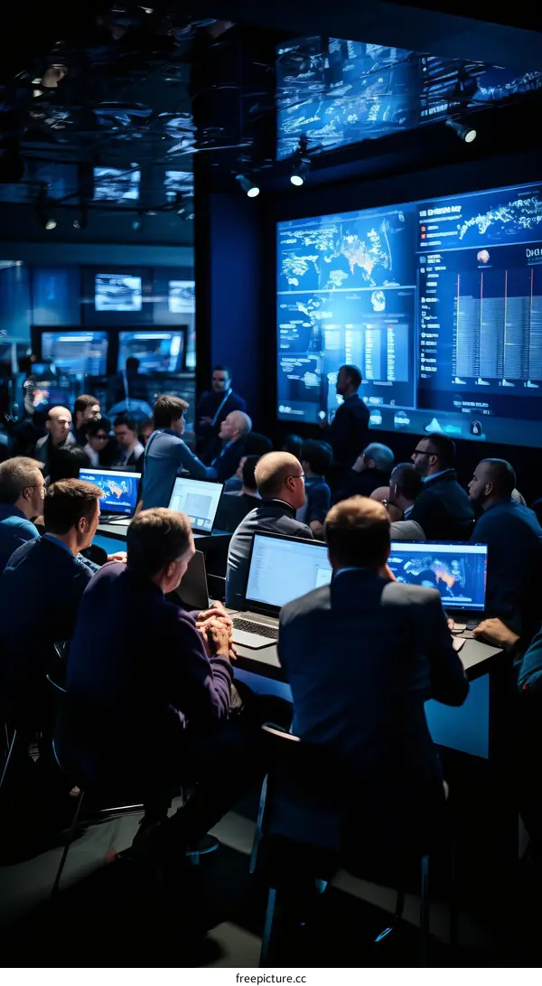 Group of people in a dark room looking at a large screen