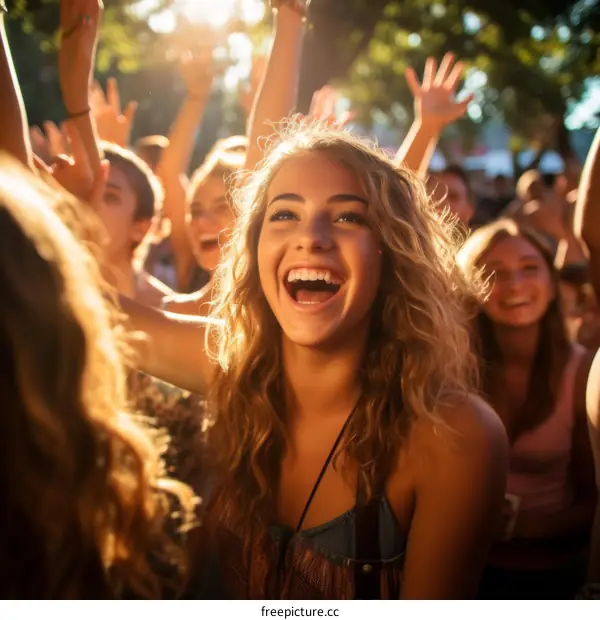 Ecstatic Blonde Woman at a Concert with Friends
