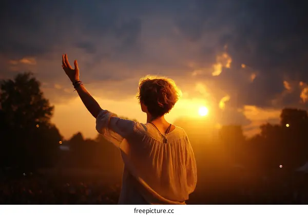 Person with outstretched arm standing against sunset sky