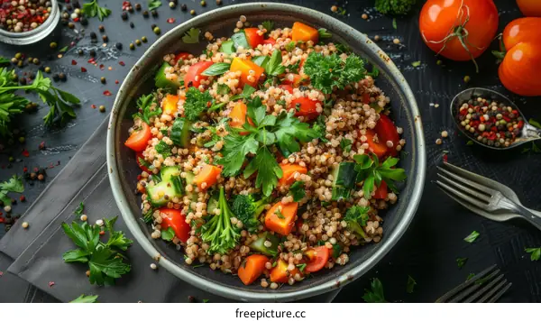 A delicious and healthy salad with quinoa, vegetables and herbs
