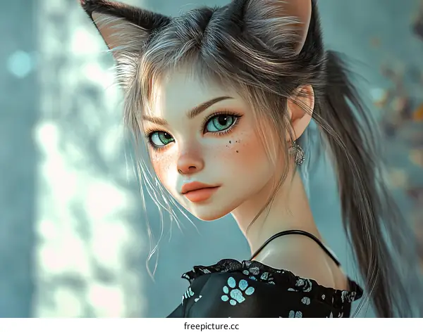 Digital Illustration of a Cute Girl with Cat Ears