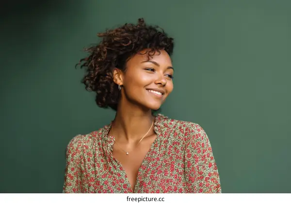 Smiling African American Woman Portrait Against Green Background