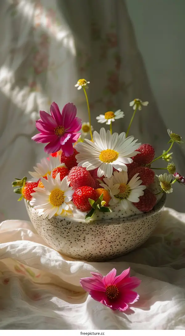 bowl of yogurt with strawberries, raspberries and daisies