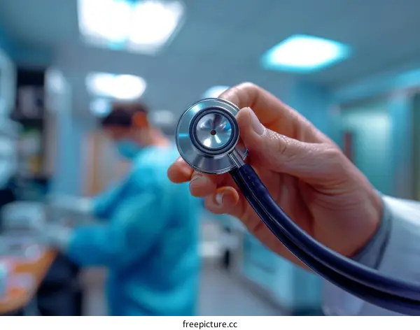 A stethoscope in the hand of a doctor with a blurred background of a hospital