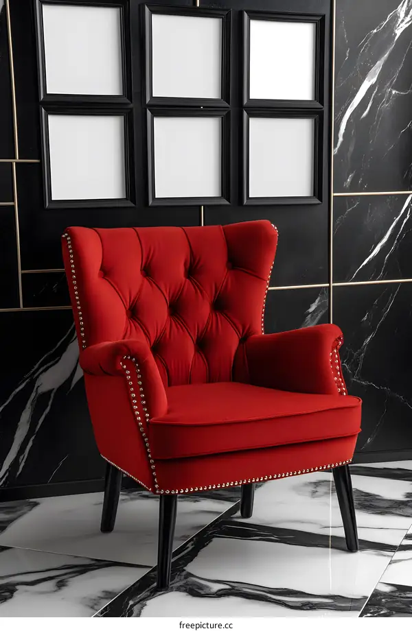 Red Velvet Armchair with Black Frames in Luxury Interior Design