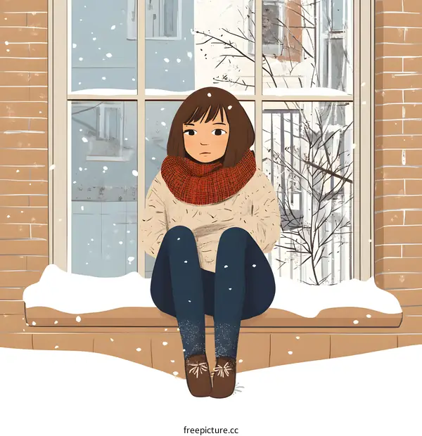 Woman Sitting on Windowsill in the Snow