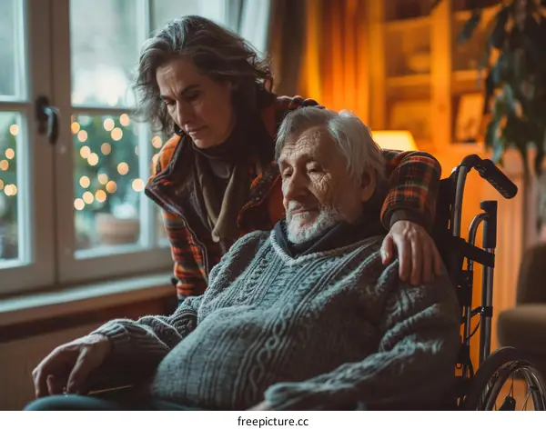 A woman is taking care of an elderly man in a wheelchair.