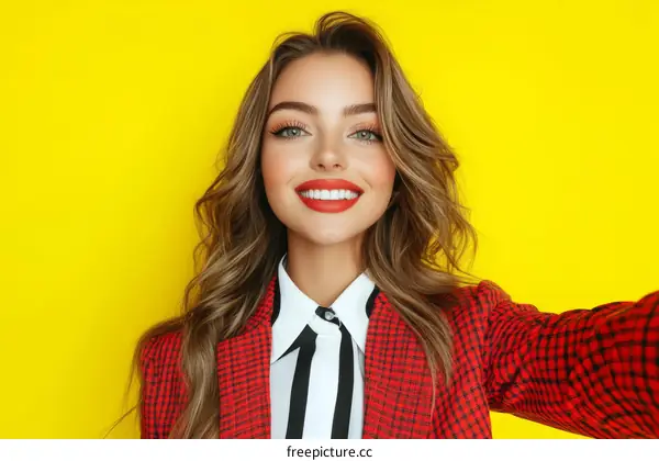 Beautiful Woman in Red Blazer against Yellow Background