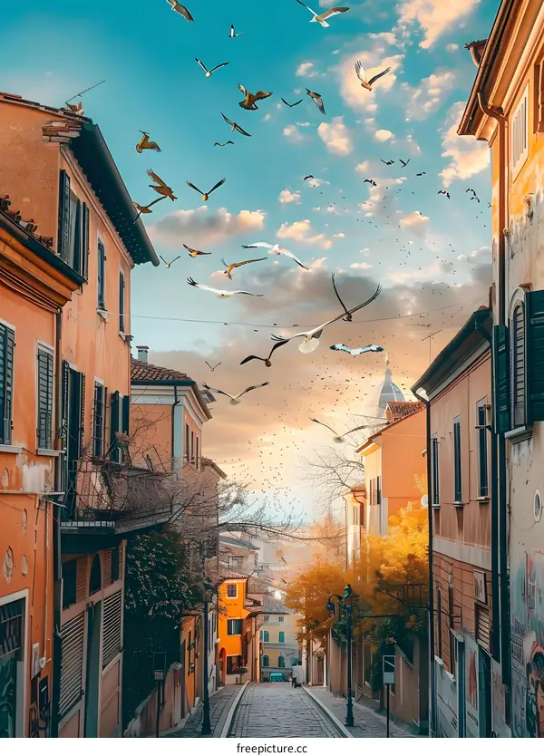 Birds Flying Over Italian Street