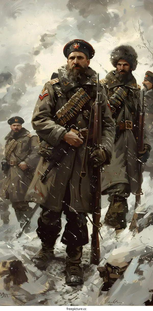 A group of soldiers wearing winter coats and fur hats march through the snow.