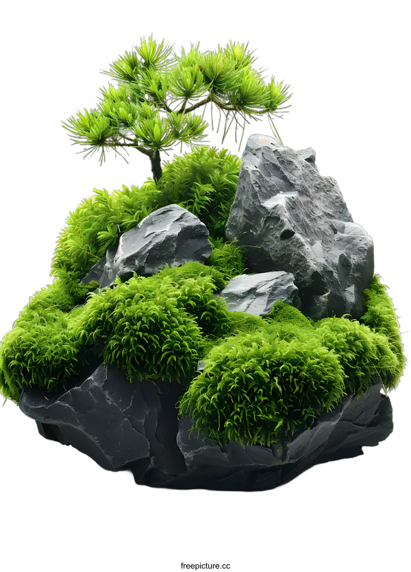 [Transparent Background PNG]Miniature Bonsai Tree with Moss and Rocks