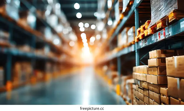 Warehouse Interior with Pallets and Cardboard Boxes