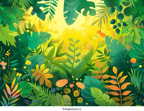 Jungle Leaves with Sun Light and Green Colors