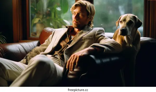 A man and his dog relax on a couch