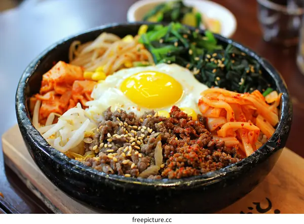 Korean Food Bibimbap With Egg And Side Dishes