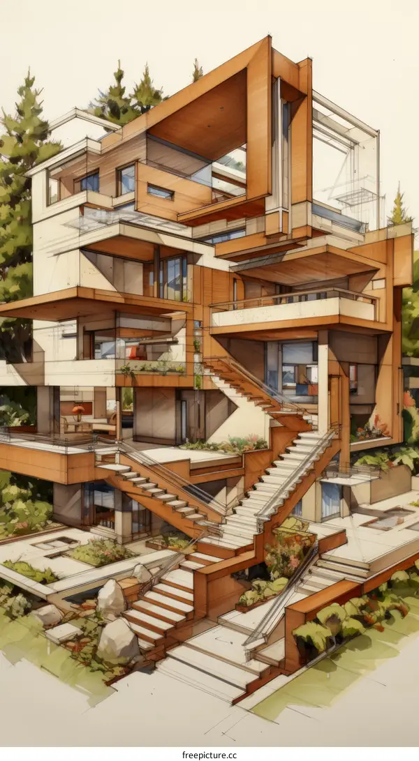 A modern and minimalist house design with wooden elements and large windows