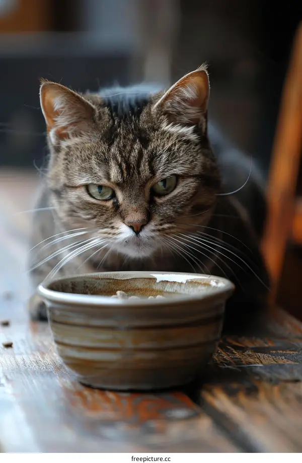 A ginger tabby cat stares longingly at a bowl of food