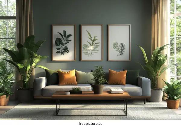 Modern Living Room with Plants and Artwork