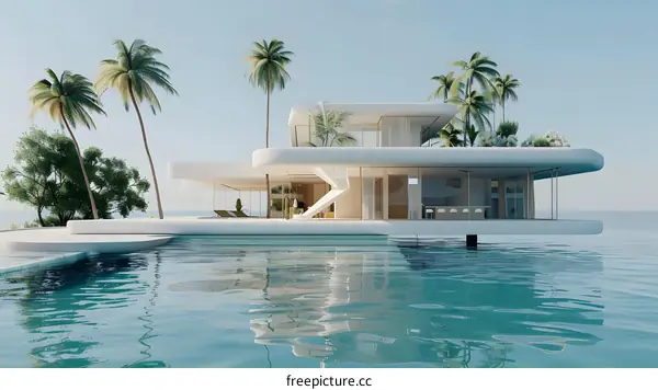 Modern White Villa with Swimming Pool and Palm Trees on the Ocean