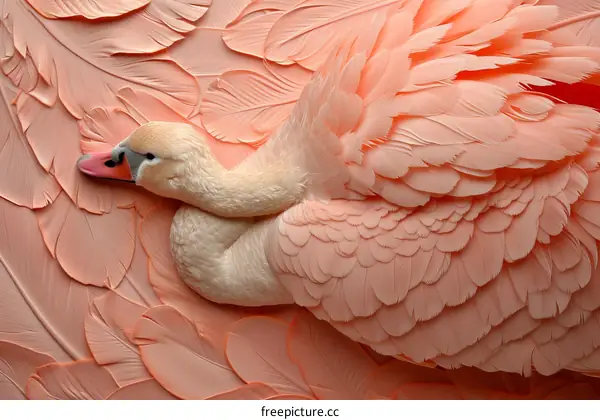 A 3D rendering of a pink swan made of feathers