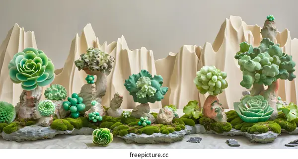 Abstract Still Life with Green Plants and White Background