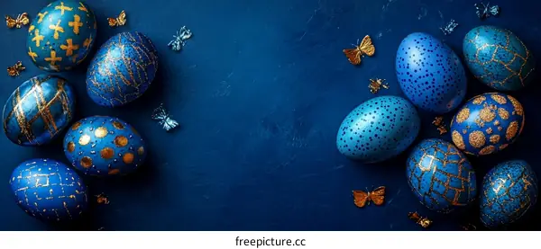 Decorative Easter Eggs on Dark Blue Background
