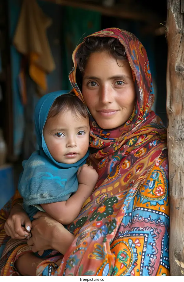 Mother and Child Embrace in Traditional Attire
