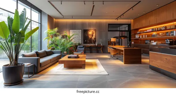 An office interior with a large desk, a sofa, and a coffee table