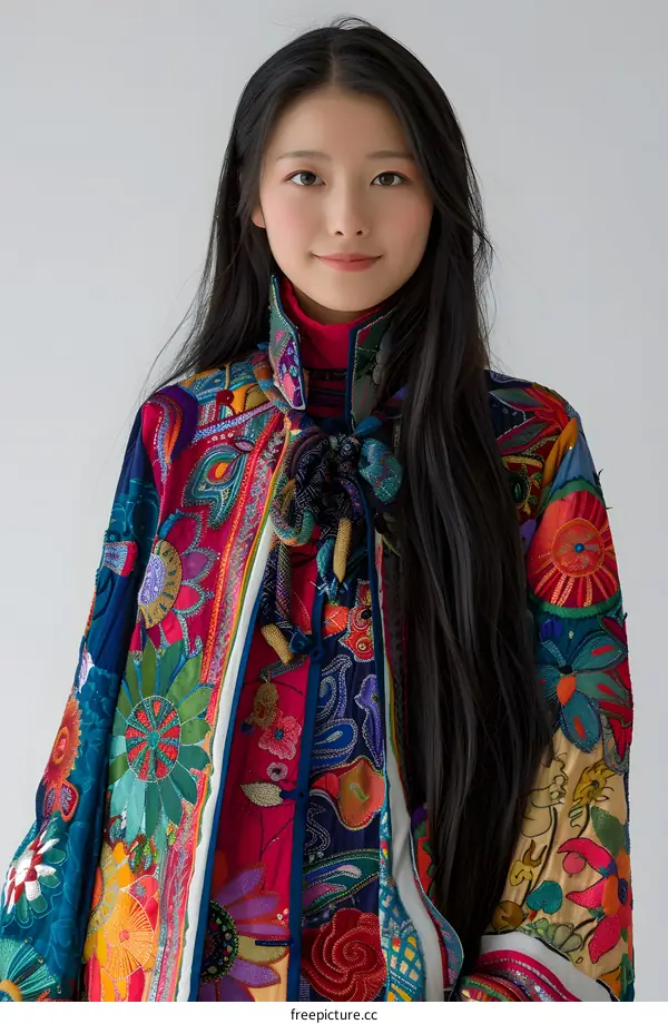 Portrait of a young woman in a colorful embroidered coat