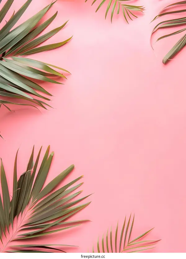 Tropical Palm Leaves on Pink Background Summer Minimalist Design