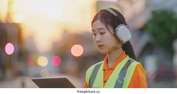 Asian woman in reflective vest and headphones uses tablet computer