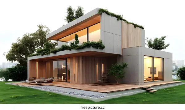 Modern Concrete and Wood House with Green Roof and Patio