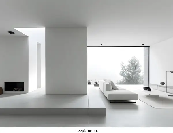 Modern Minimalist Living Room Interior Design with White Sofa and Large Windows