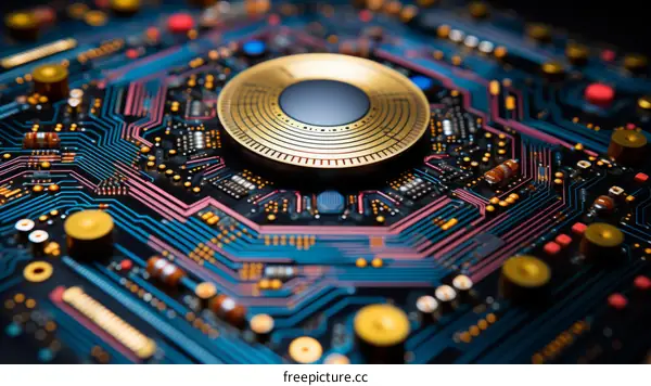 A close-up image of a computer circuit board with a gold coin on top of it.