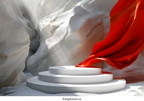 White Podium with Red Cloth in a Rocky Cave