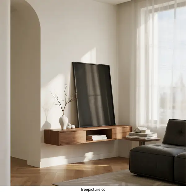 Minimalist Living Room Interior with Floating Media Console and Large Artwork