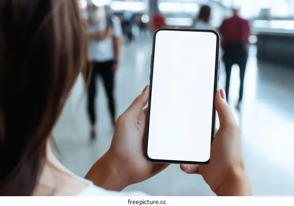 Woman Holding Smartphone in Modern Airport