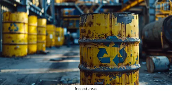 Rusty Yellow Barrels with Symbol Indicating Recycling