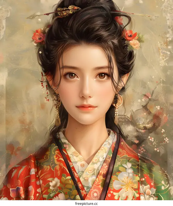 Beautiful Asian Woman in Traditional Japanese Kimono with Floral Headband and Earrings